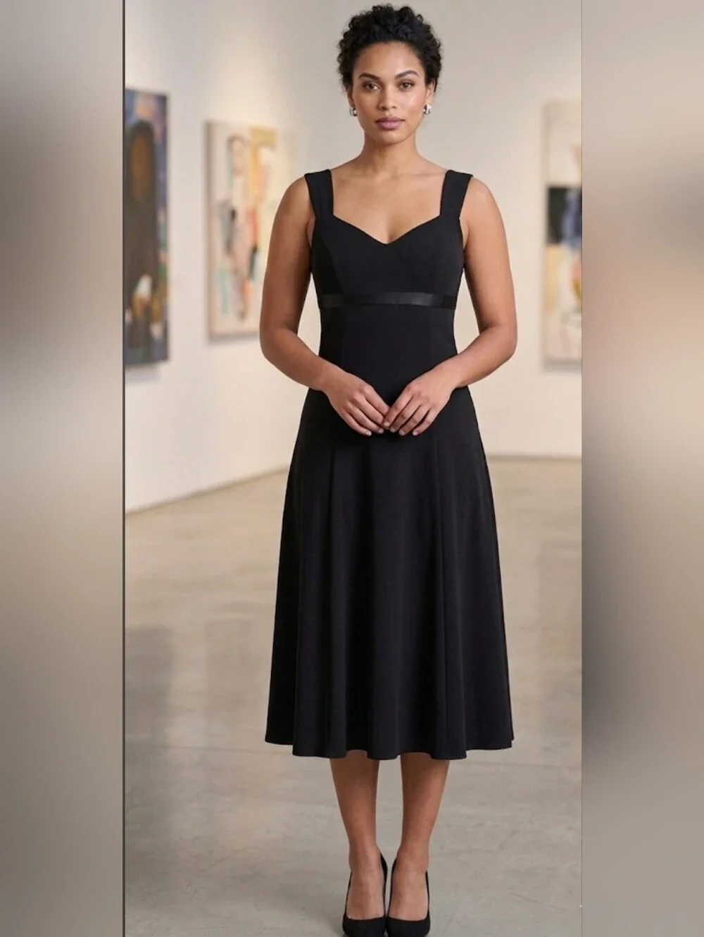 David Meister Black Silk Trim Keyhole Back Midi Dress Size 12